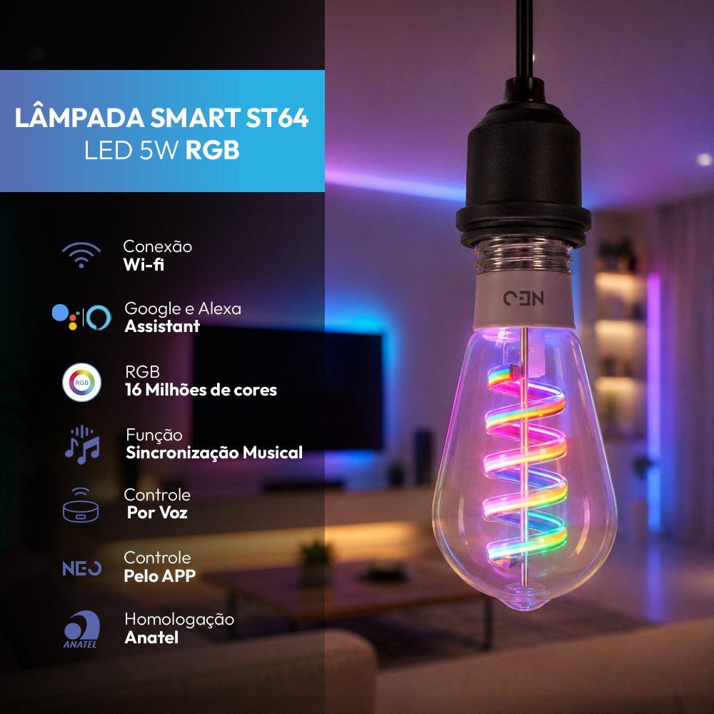 Lâmpada LED Inteligente Wifi RGB ST64 6W Dimerizável E27 Bivolt Neo