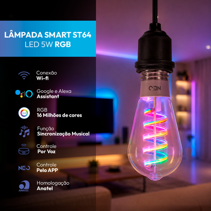 Lâmpada LED Inteligente Wifi RGB ST64 6W Dimerizável E27 Bivolt Neo