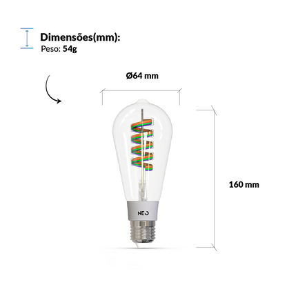 Lâmpada LED Inteligente Wifi RGB ST64 6W Dimerizável E27 Bivolt Neo