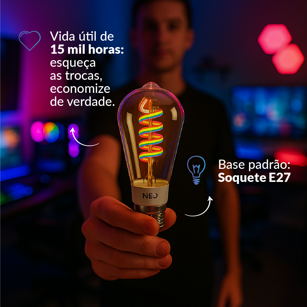 Lâmpada LED Inteligente Wifi RGB ST64 6W Dimerizável E27 Bivolt Neo
