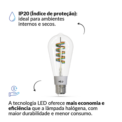 Lâmpada LED Smart Wi-Fi RGB ST64 6W Dimerizável 2700K a 6500K E27 Bivolt Avant Neo
