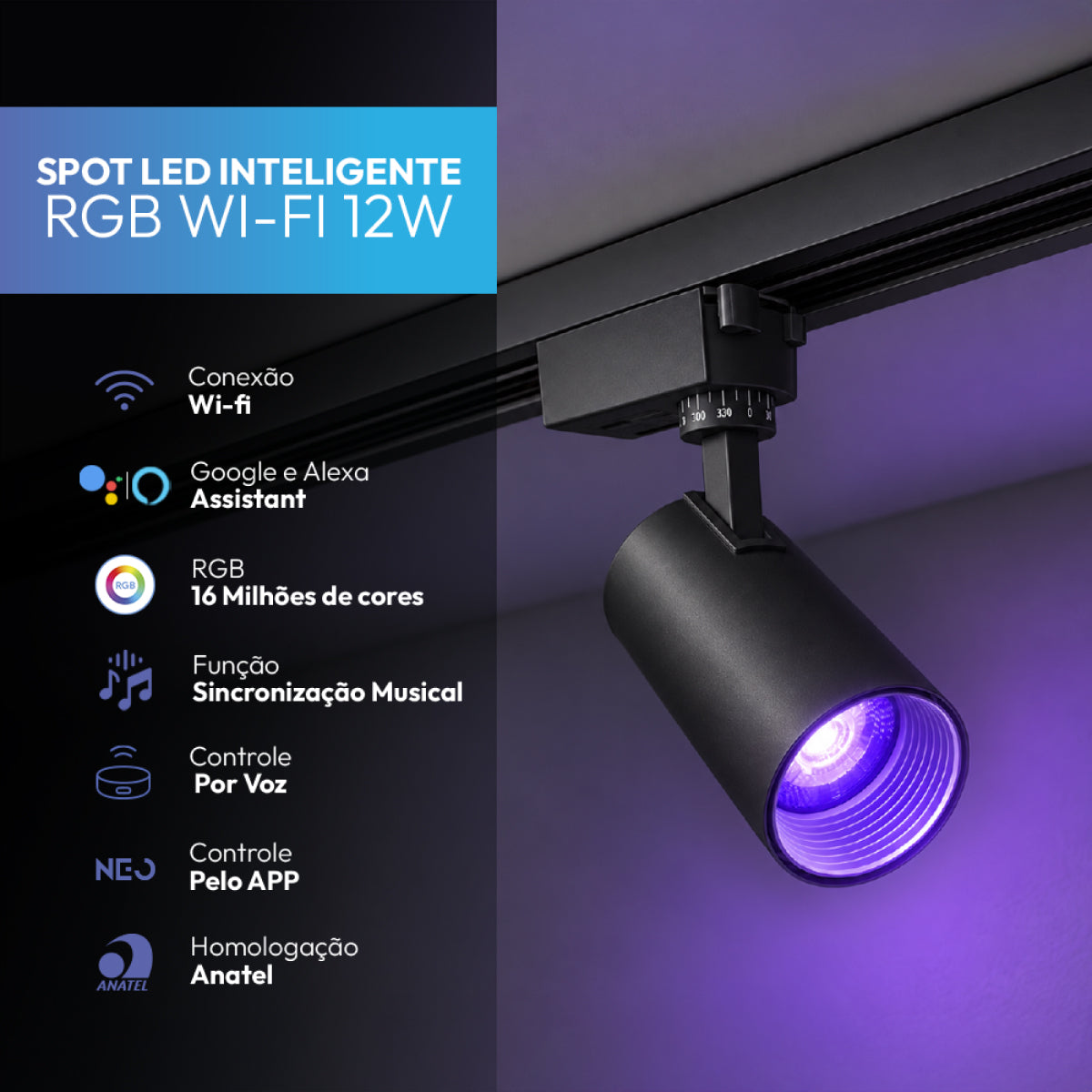 Spot Led Para Trilho Inteligente 12W RGB Bivolt IP20 Preto Neo - NEO Avant