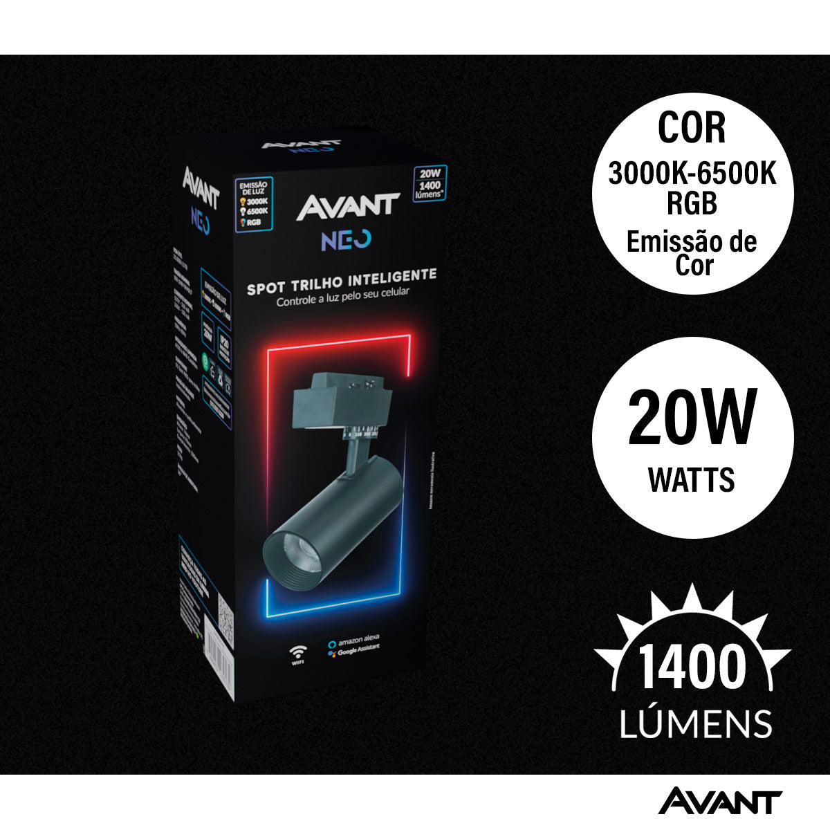 Spot Led Para Trilho Inteligente 20W RGB Bivolt Ip20 Preto Avant Neo