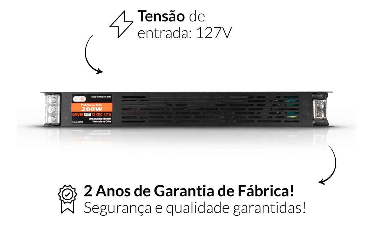 Fonte driver Slim 200w 17a 12v 127v Deluxe