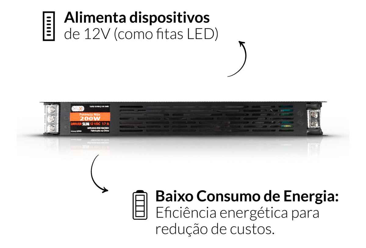 Fonte driver Slim 200w 17a 12v 127v Deluxe