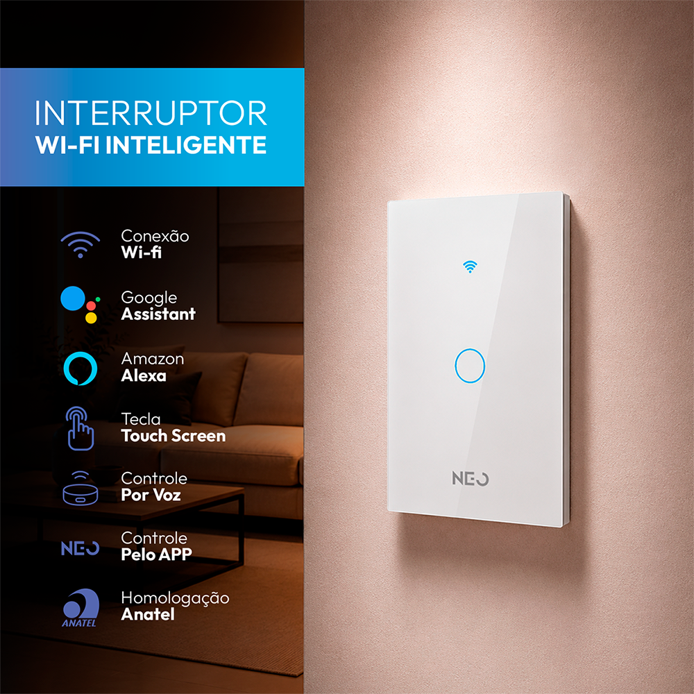 Interruptor Inteligente Wifi 1 Botão 4x2 Bivolt Branco Neo