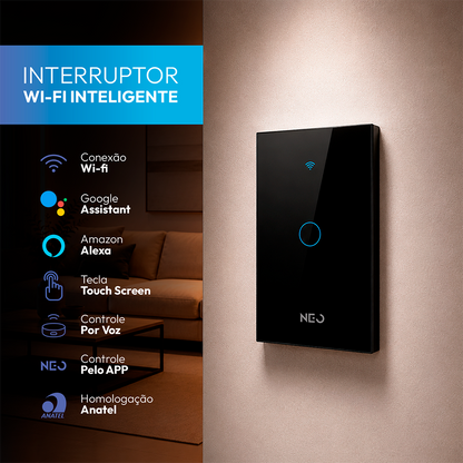 Interruptor Inteligente Wifi 1 Botão 4x2 Bivolt Preto Neo