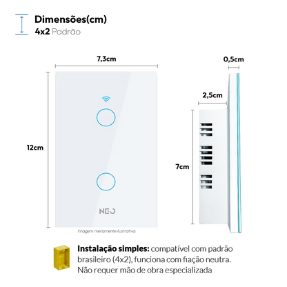 Interruptor Inteligente Wifi 2 Botões 4x2 Bivolt Branco Neo