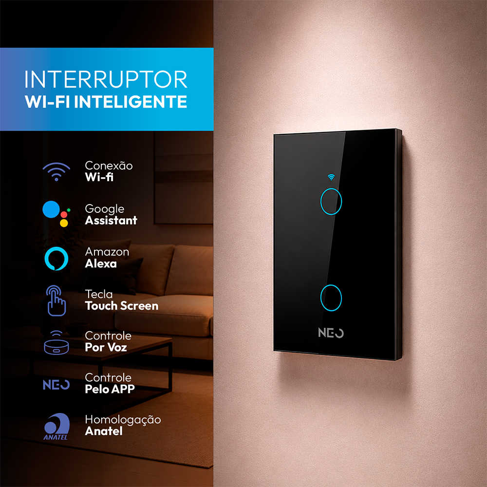 Interruptor Inteligente Wifi 2 Botões 4x2 Bivolt Preto Neo
