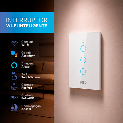 Interruptor Inteligente Wifi 3 Botões 4x2 Bivolt Branco Neo