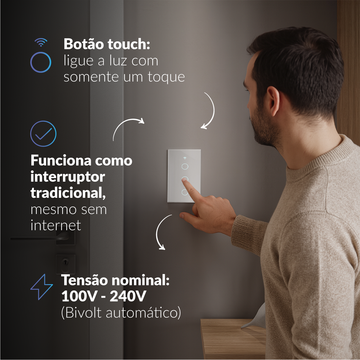 Interruptor Inteligente Smart Wi-fi 3 Botões 4x2 Bivolt Branco Neo Avant