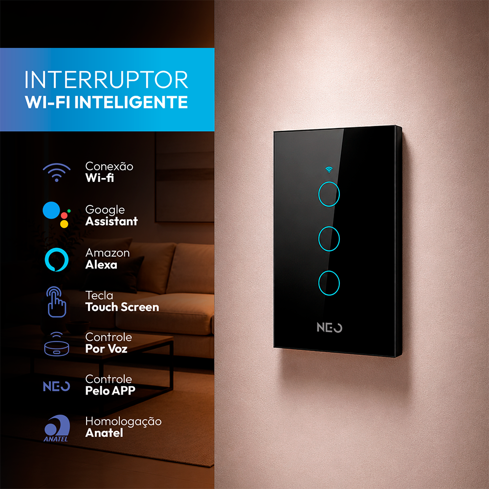 Interruptor Inteligente Wifi 3 Botões 4x2 Bivolt Preto Neo