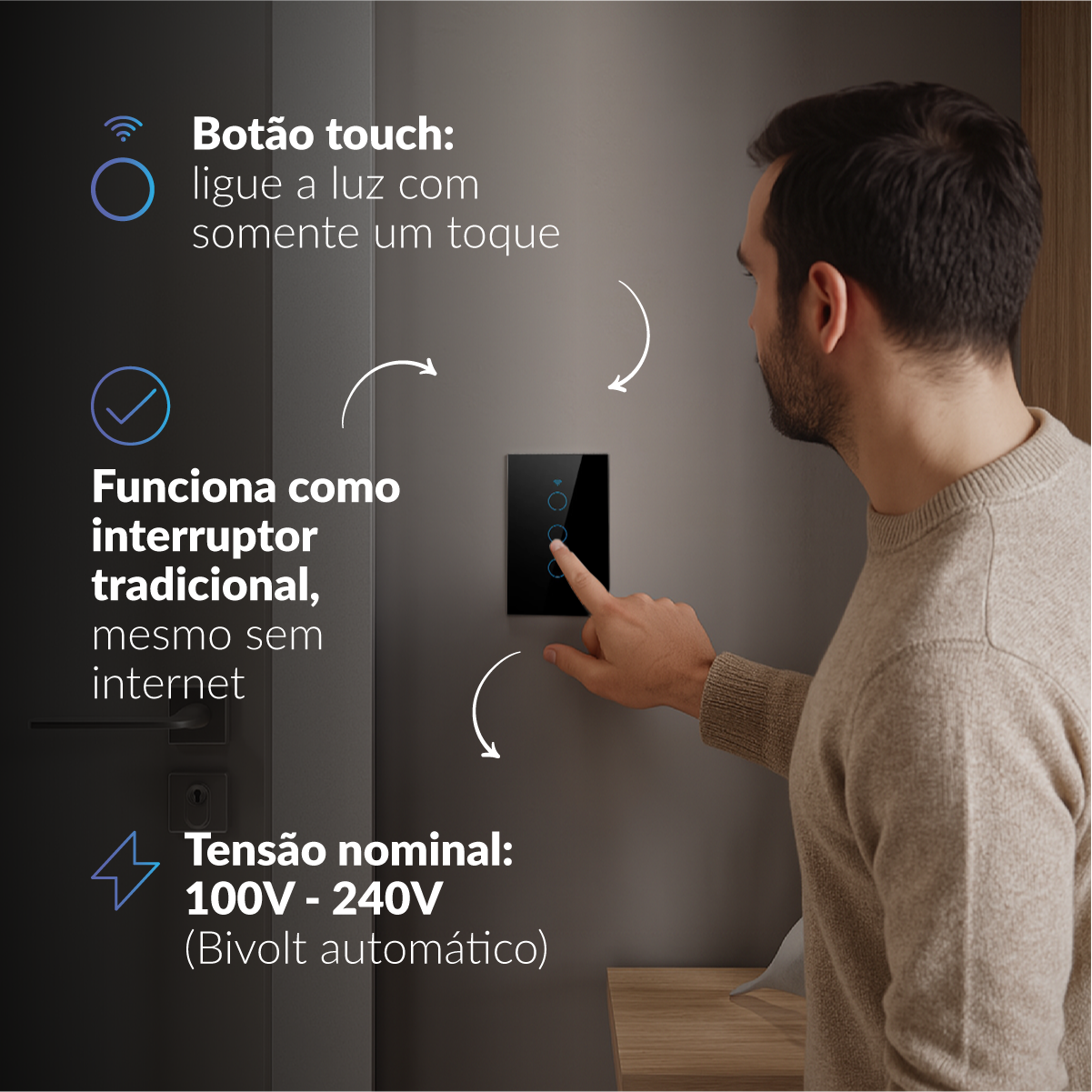 Interruptor Inteligente Smart Wi-fi 3 Botões 4x2 Bivolt Preto Neo Avant