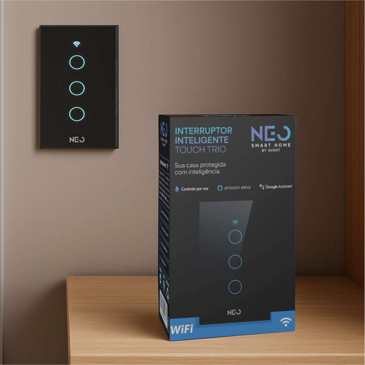 Interruptor Inteligente Smart Wi-fi 3 Botões 4x2 Bivolt Preto Neo Avant