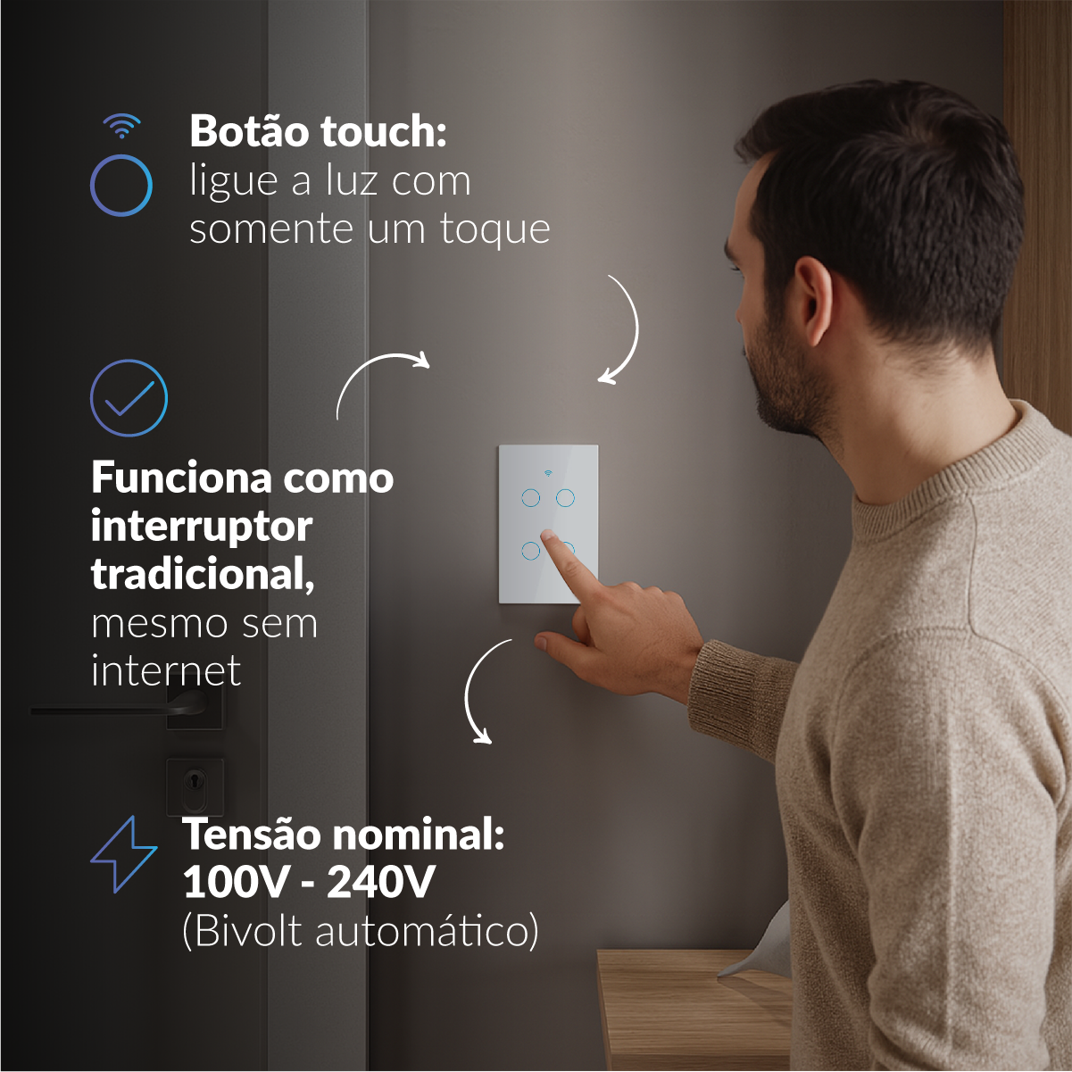 Interruptor Inteligente Smart Wi-fi 4 Botões 4x2 Bivolt Branco Neo Avant