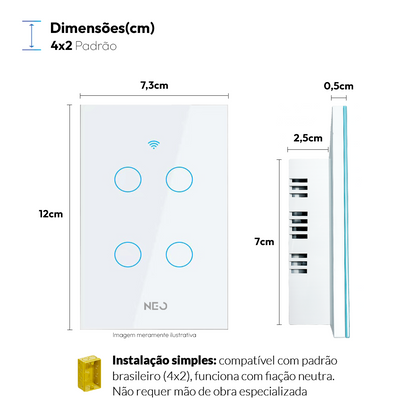 Interruptor Inteligente Wifi 4 Botões 4x2 Bivolt Branco Neo
