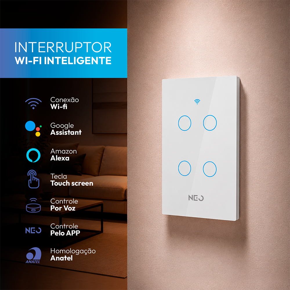 Interruptor Inteligente Wifi 4 Botões 4x2 Bivolt Branco Neo