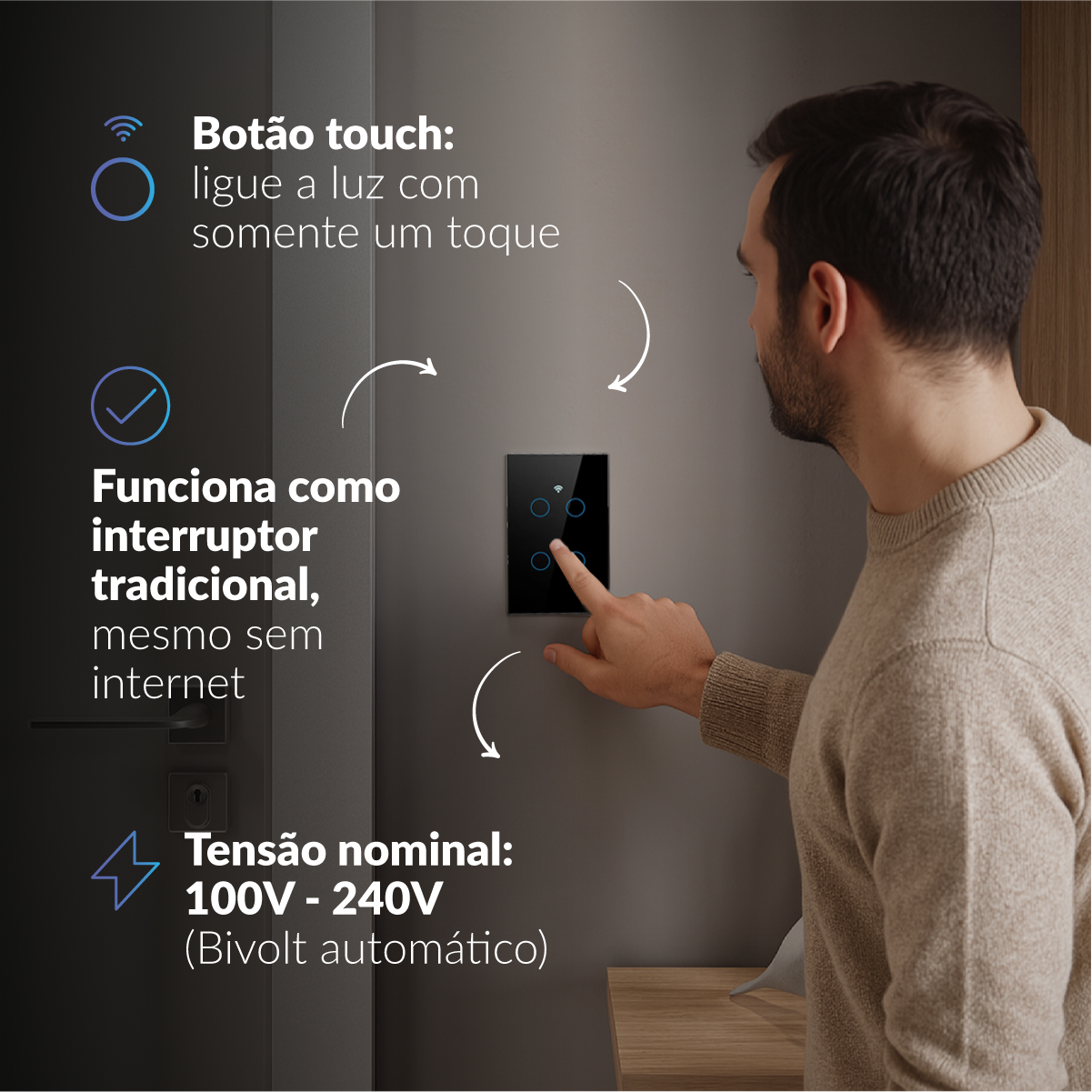 Interruptor Inteligente Smart Wi-fi 4 Botões 4x2 Bivolt Preto Neo Avant