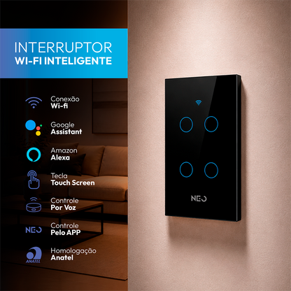 Interruptor Inteligente Wifi 4 Botões 4x2 Bivolt Preto Neo