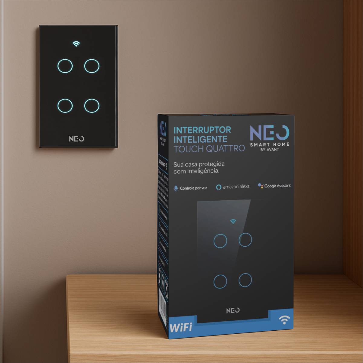 Interruptor Inteligente Smart Wi-fi 4 Botões 4x2 Bivolt Preto Neo Avant