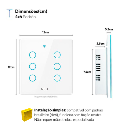 Interruptor Inteligente Wifi 6 Botões 4x4 Bivolt Branco Neo