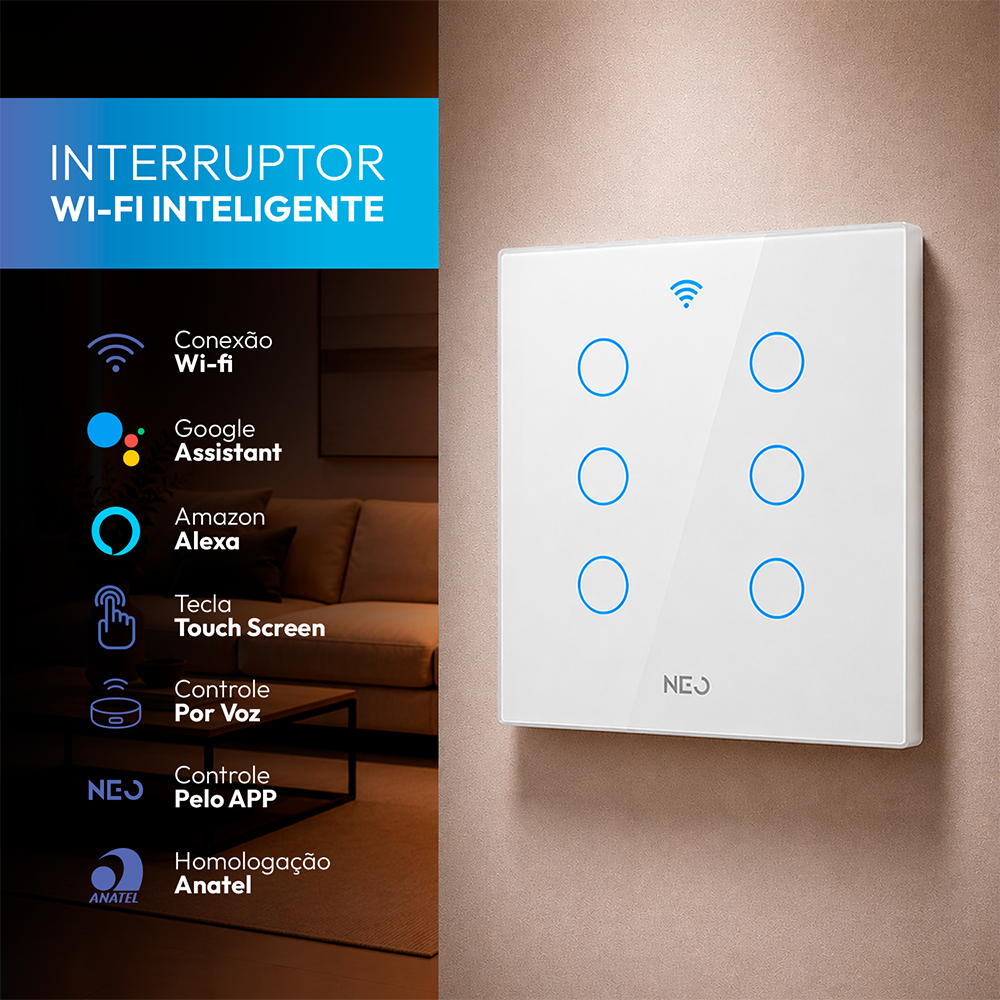 Interruptor Inteligente Wifi 6 Botões 4x4 Bivolt Branco Neo