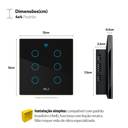 Interruptor Inteligente Wifi 6 Botões 4x4 Bivolt Preto Neo
