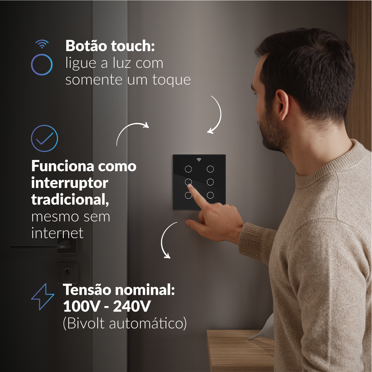 Interruptor Inteligente Smart Wi-fi 6 Botões 4x4 Bivolt Preto Neo Avant