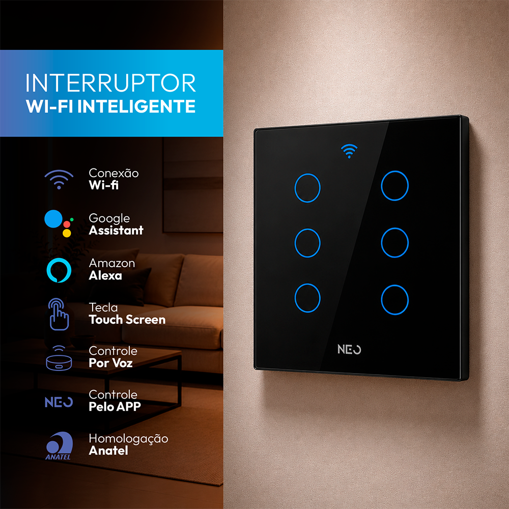 Interruptor Inteligente Wifi 6 Botões 4x4 Bivolt Preto Neo