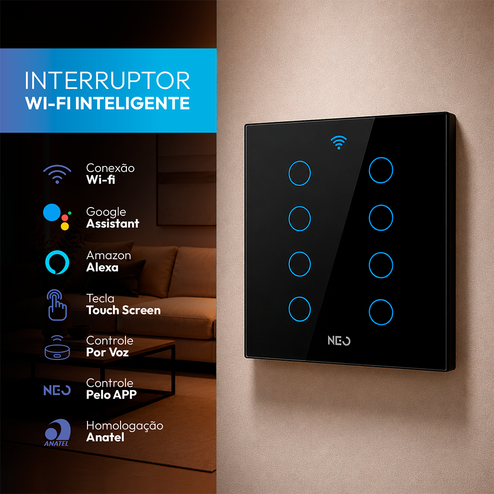 Interruptor Inteligente Wifi 8 Botões 4x4 Bivolt Preto Neo