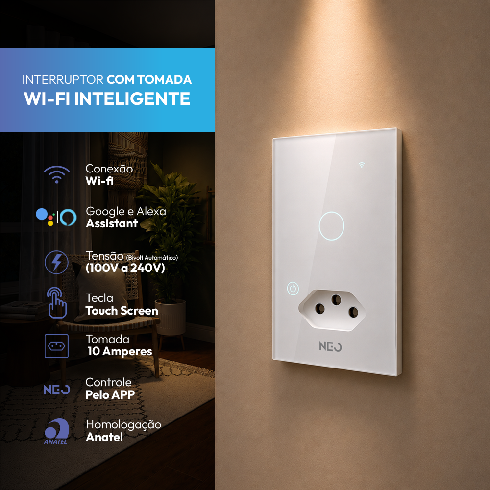 Interruptor Inteligente Wifi 1 Botão com Tomada 10A 4x2 Bivolt Branco Neo
