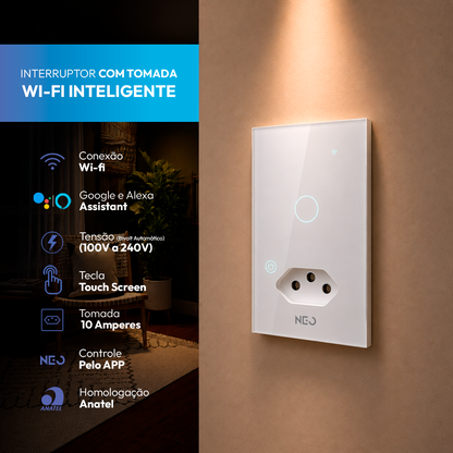 Interruptor Inteligente Wifi 1 Botão com Tomada 10A 4x2 Bivolt Branco Neo