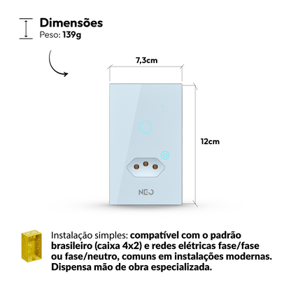 Interruptor Inteligente Wifi 1 Botão com Tomada 10A 4x2 Bivolt Branco Neo