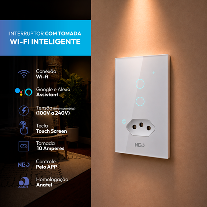 Interruptor Inteligente Wifi 2 Botões Com Tomada 10A 4X2 Bivolt Branco Neo