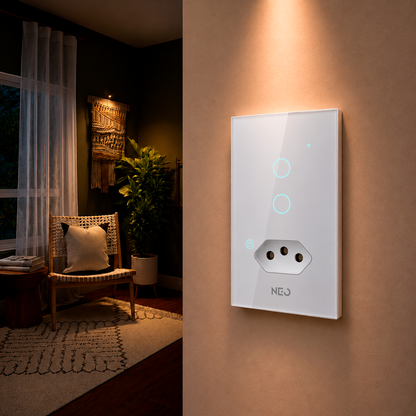 Interruptor Inteligente Wifi 2 Botões Com Tomada 10A 4X2 Bivolt Branco Neo