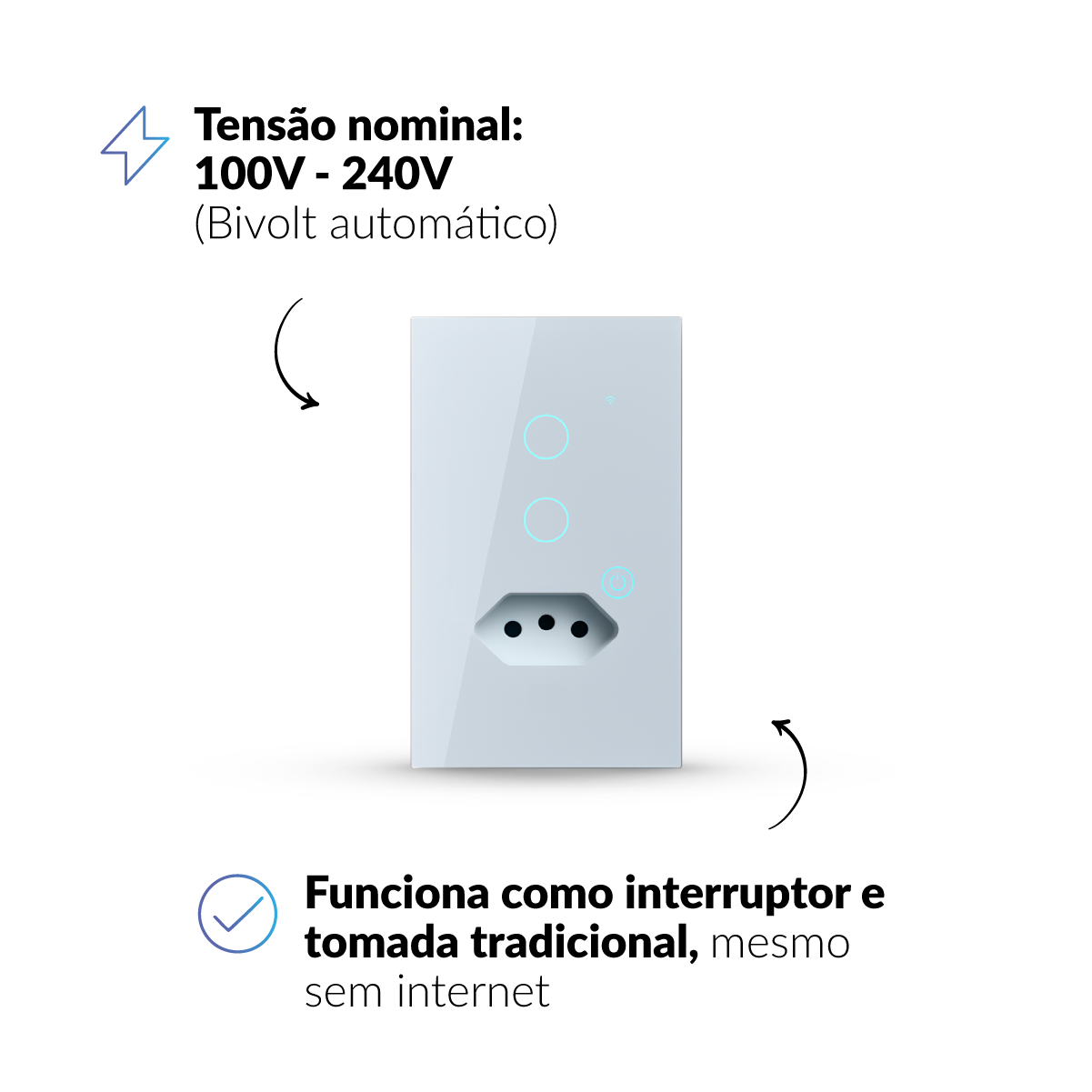 Interruptor Inteligente Smart Wi-fi 2 Botão Com Tomada 4X2 Bivolt Branco Neo Avant