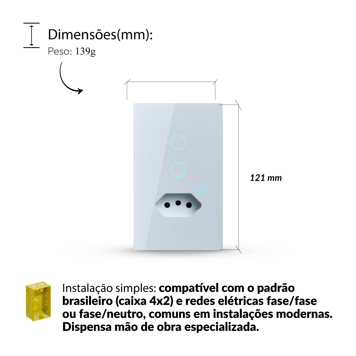 Interruptor Inteligente Smart Wi-fi 2 Botão Com Tomada 4X2 Bivolt Branco Neo Avant