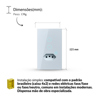 Interruptor Inteligente Smart Wi-fi 2 Botão Com Tomada 4X2 Bivolt Branco Neo Avant