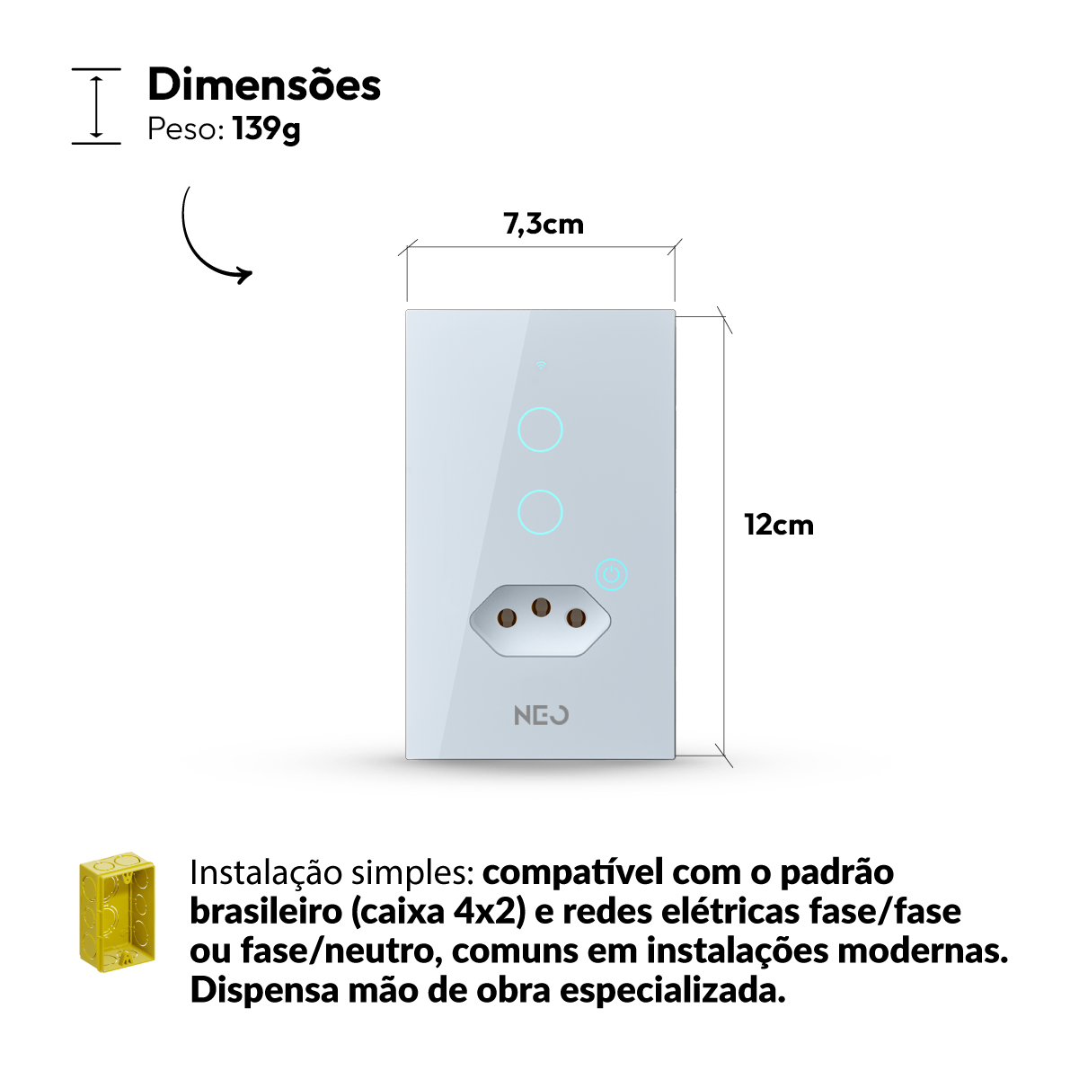 Interruptor Inteligente Wifi 2 Botões Com Tomada 10A 4X2 Bivolt Branco Neo