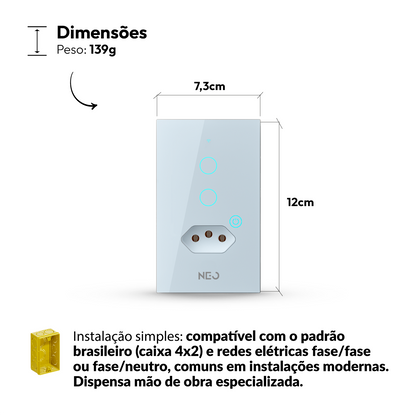 Interruptor Inteligente Wifi 2 Botões Com Tomada 10A 4X2 Bivolt Branco Neo