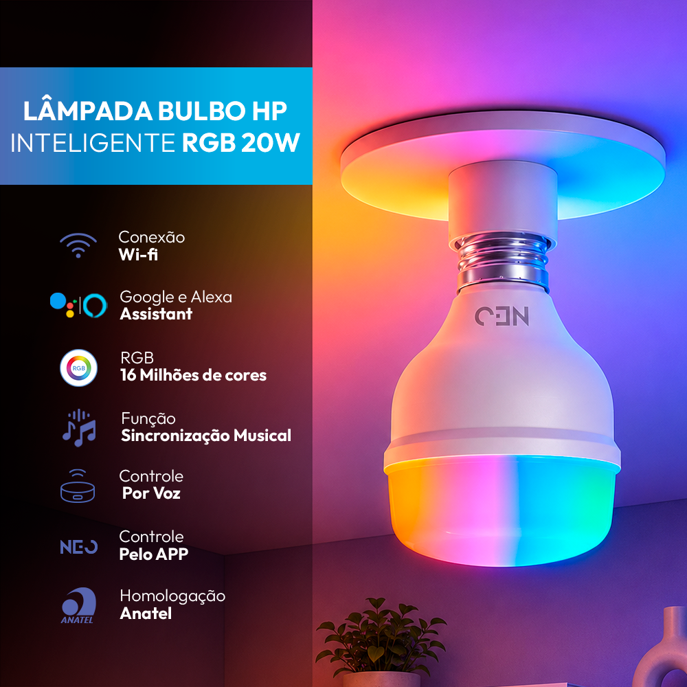 Lâmpada Led Inteligente Wifi Bulbo HP 20W RGB Colorido E27 Neo