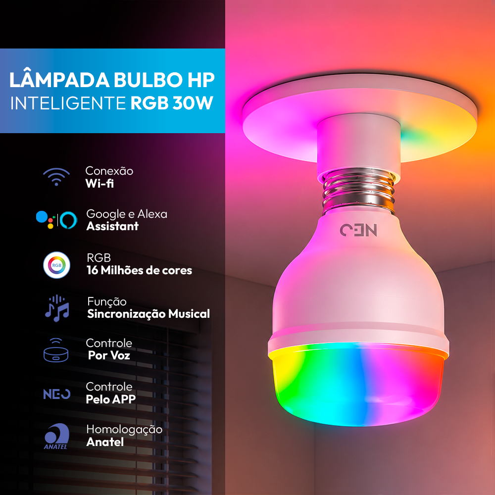Lâmpada Led Inteligente Wifi Bulbo HP 30W RGB Colorido E27 Neo