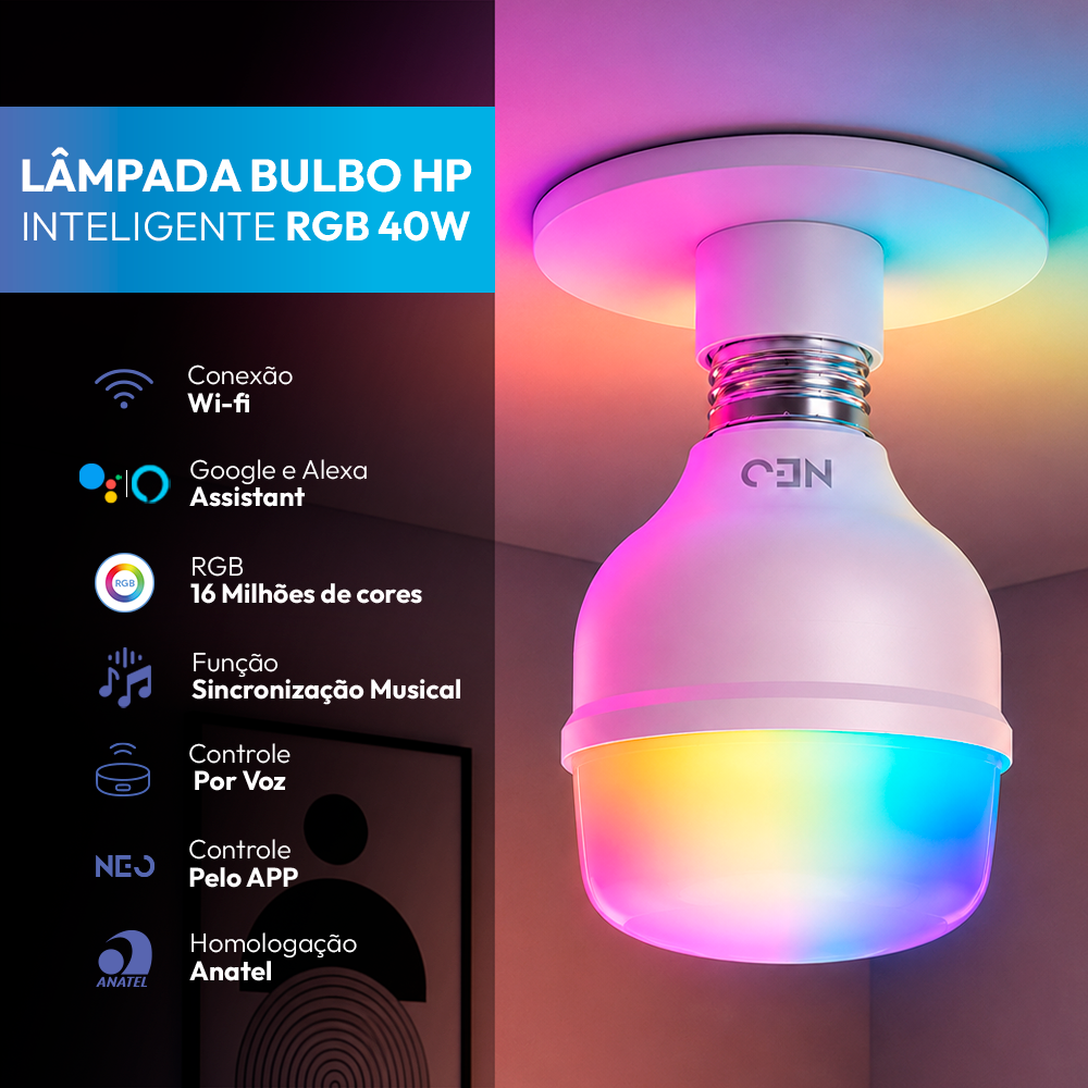 Lâmpada Led Inteligente Bulbo HP Wifi 40W RGB Colorido E27 Neo
