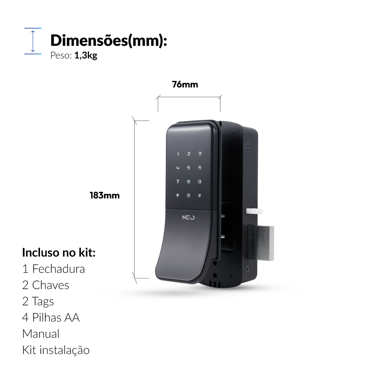 Fechadura Eletrônica Stark Digital de Sobrepor com Biometria Senha Tag Wifi Preto Fosco Neo
