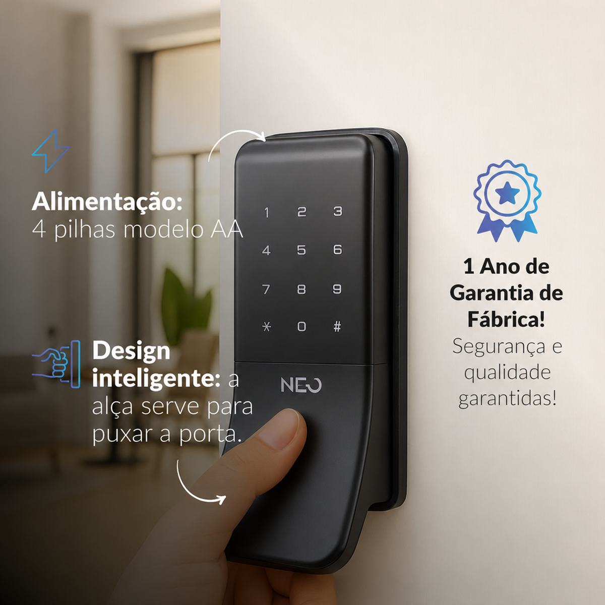 Fechadura Eletrônica Stark Digital de Sobrepor com Biometria Senha Tag Wifi Preto Fosco Neo