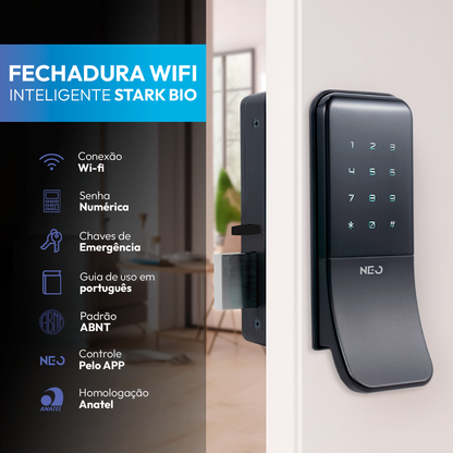 Fechadura Eletrônica Stark Digital de Sobrepor com Biometria Senha Tag Wifi Preto Fosco Neo