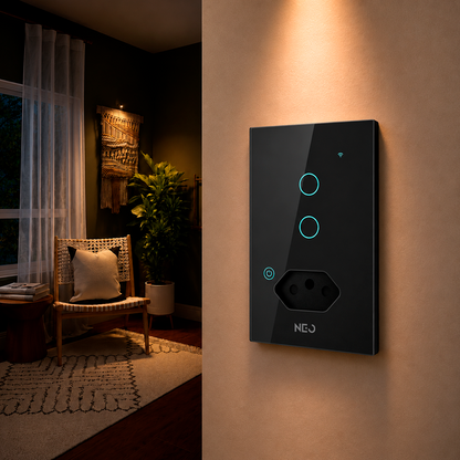 Interruptor Inteligente Wifi 2 Botões Com Tomada 10A 4x2 Bivolt Preto Neo