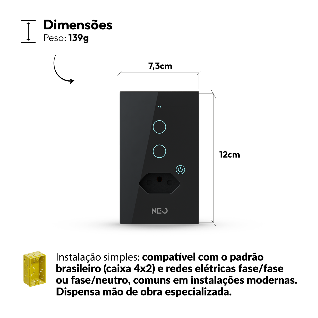 Interruptor Inteligente Wifi 2 Botões Com Tomada 10A 4x2 Bivolt Preto Neo