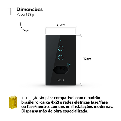 Interruptor Inteligente Wifi 2 Botões Com Tomada 10A 4x2 Bivolt Preto Neo