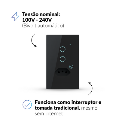 Interruptor Inteligente Smart Wi-fi 2 Botões Com Tomada 4x2 Bivolt Preto Neo Avant